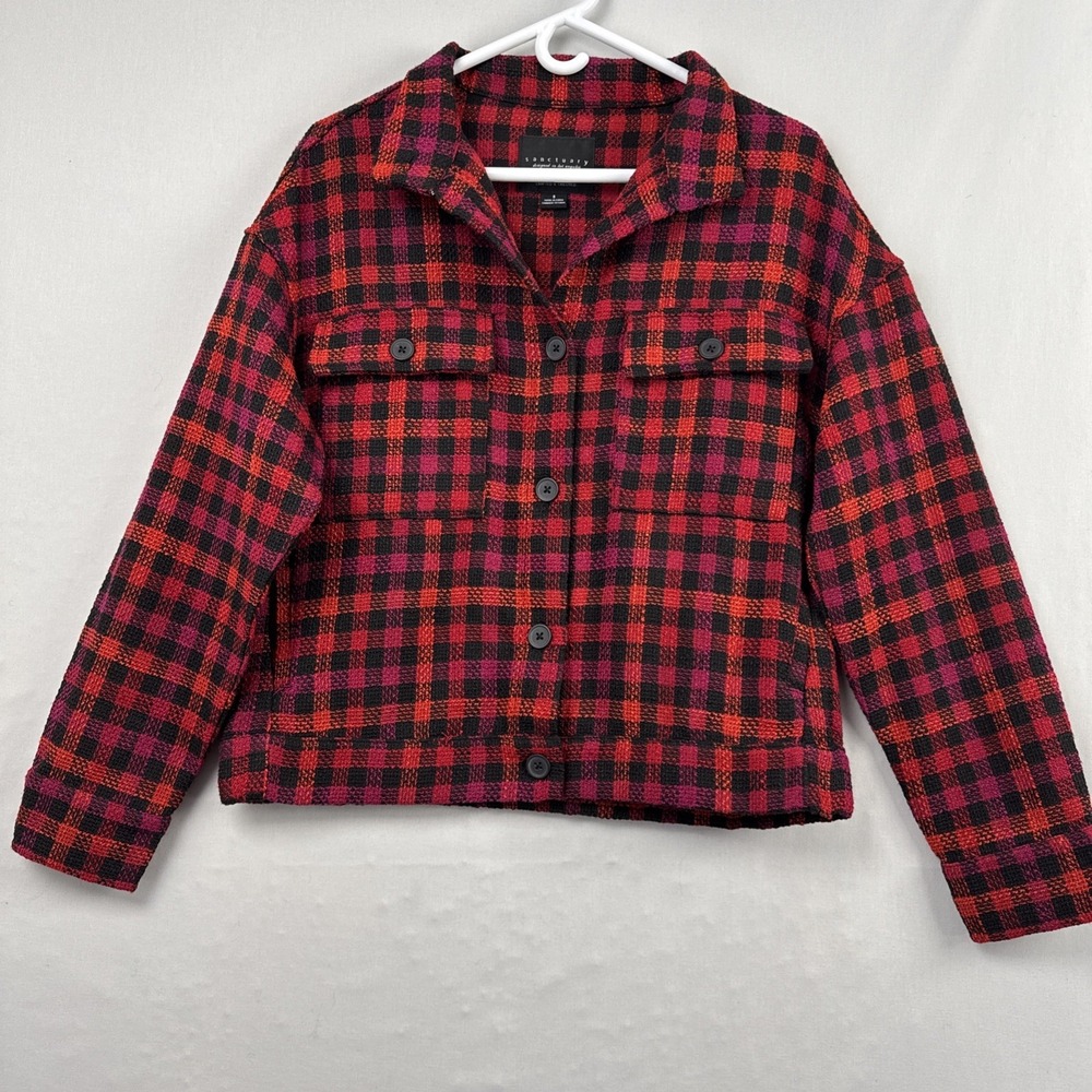 Sanctuary Jacket Womens Small Bouclé Tweed Buffalo Plaid Button Up Red Black